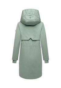 Mintgroene jas met een grote capuchon en geprinte letters. Lange mouwen, een getailleerde taille en een subtiele gelaagde ontwerp aan de achterkant.