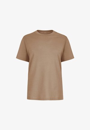 Bruine T-shirt met korte mouwen en ronde hals met een eenvoudig ontwerp, afgebeeld op een witte achtergrond.
