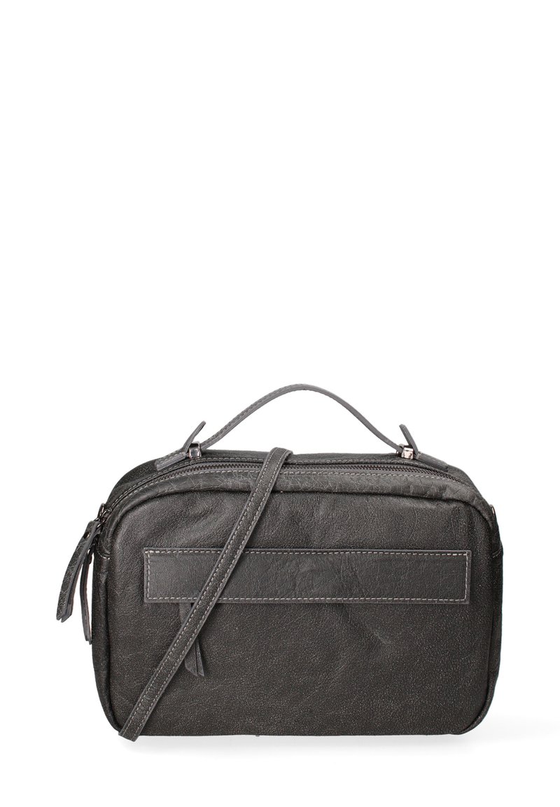 Borsa a tracolla in pelle grigia con finitura testurizzata, chiusura con zip, tracolla staccabile e tasca frontale a scomparsa. Forma compatta e rettangolare.