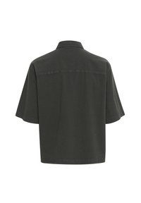 Kortærmet, set bagfra, mørkegrøn skjorte med knapper, lavet af bomuld, med en lige snit og syningsdetaljer langs skulderstykket.