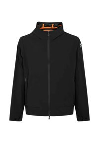 Giacca nera impermeabile con zip frontale, cappuccio nascosto e fodera arancione. Presenta tasche laterali e dettagli con polsini abbottonati.