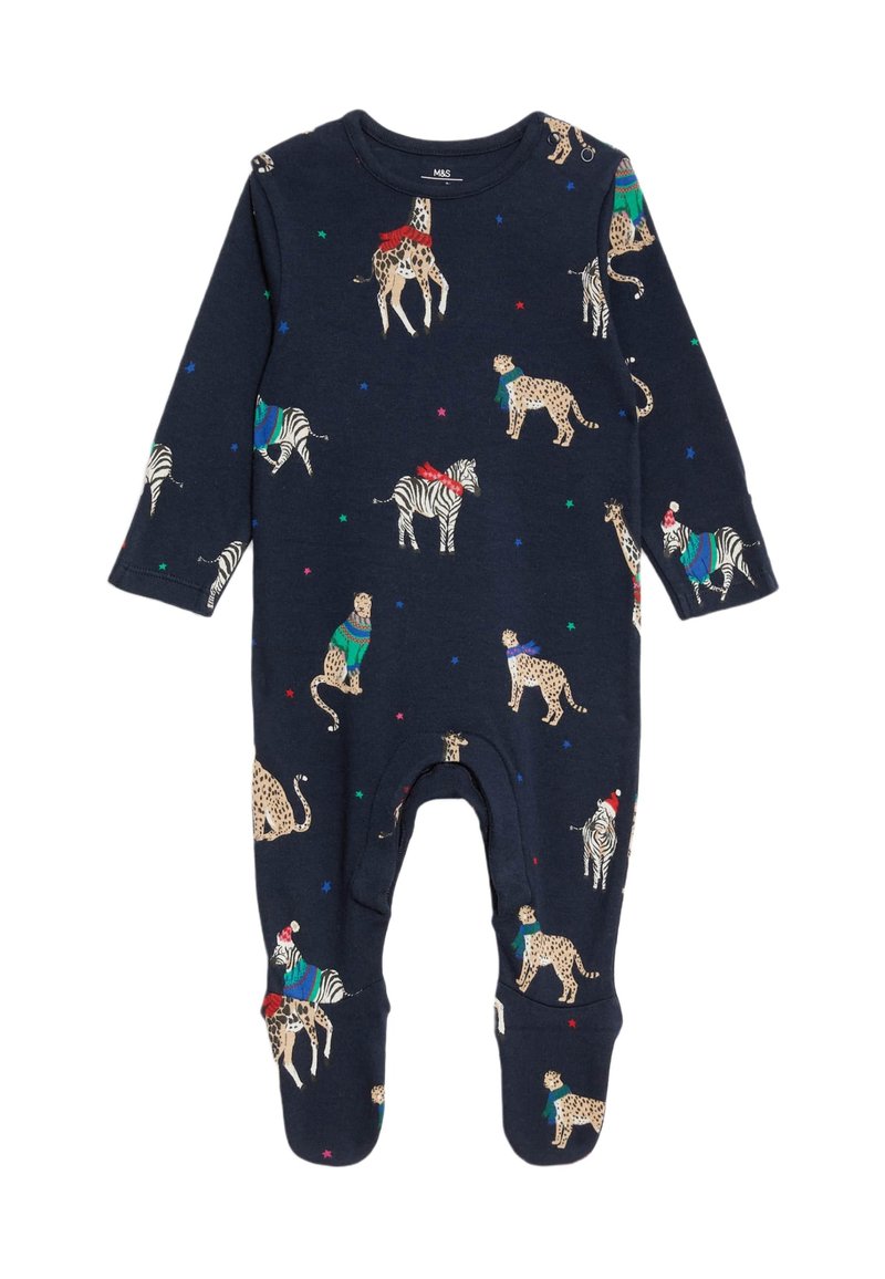 Dunkelblaues Baby-Overall mit langen Ärmeln, versehen mit einem Muster von Tieren, die in farbenfroher Kleidung und Sternen gekleidet sind, aus weichem Baumwollmaterial.