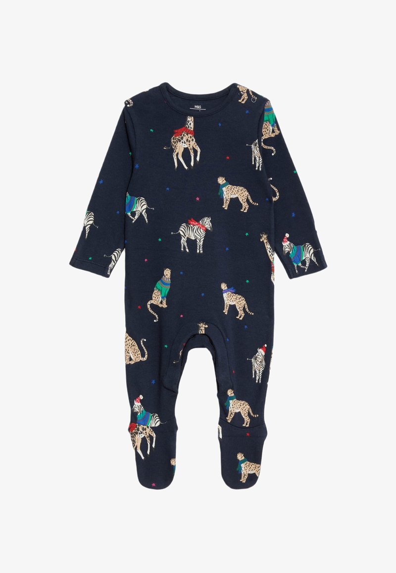 Mørkeblå babydragt med lange ærmer, med et mønster af dyr iført farverige outfits og stjerner, lavet af blødt bomuldsstof.