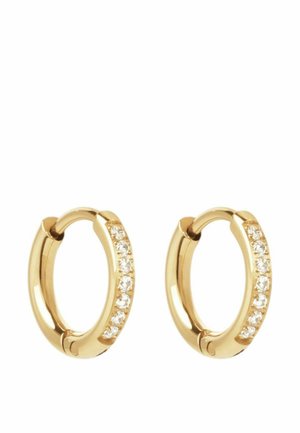 Paire de petites boucles d'oreilles créoles en or avec une rangée de pierres précieuses rondes et claires incrustées sur la face avant.