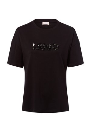 Schwarzes T-Shirt mit kurzen Ärmeln und Rundhalsausschnitt, mit dem schwarzen, mit Pailletten verzierten Markennamen "LIU JO", zentriert auf der Brust.