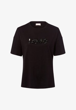 Black short-sleeve t-shirt with round neck and black sequined brand name "LIU JO" centered on the chest.