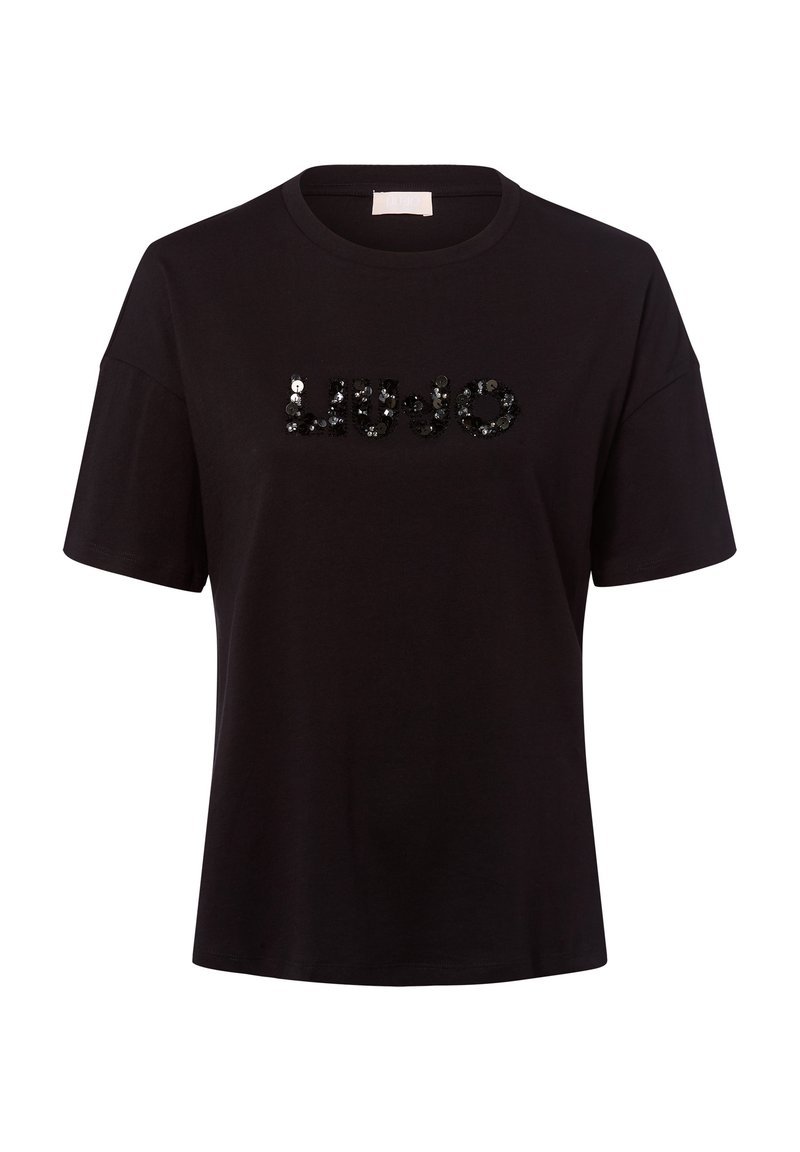 T-shirt nera a maniche corte con collo rotondo e il nome del marchio "LIU JO" in paillettes nere centrato sul petto.