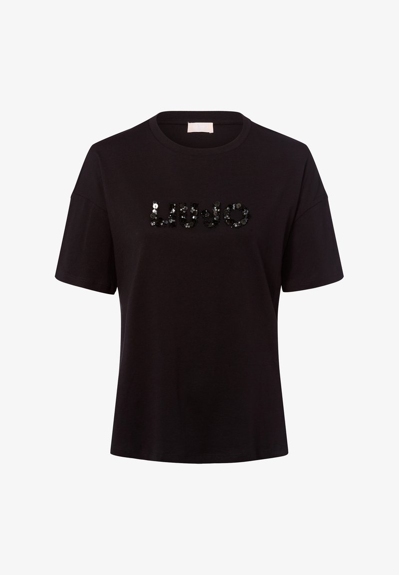 Black short-sleeve t-shirt with round neck and black sequined brand name "LIU JO" centered on the chest.