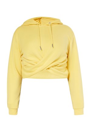Gul cropped hoodie med lange ærmer, hætte med snore og en snoet knudedetalje foran i taljen.
