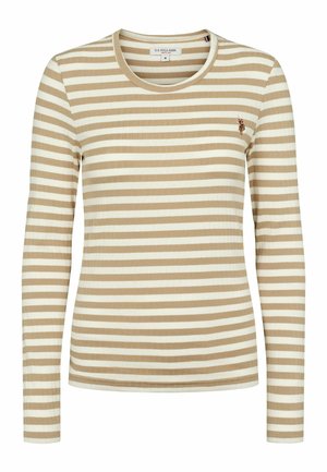 Ilgų rankovių dryžuota tunika smėlio ir kreminės spalvos, pagaminta iš ribotos medžiagos, su apykakle ir mažu siuvinėtų logotipu krūtinėje.