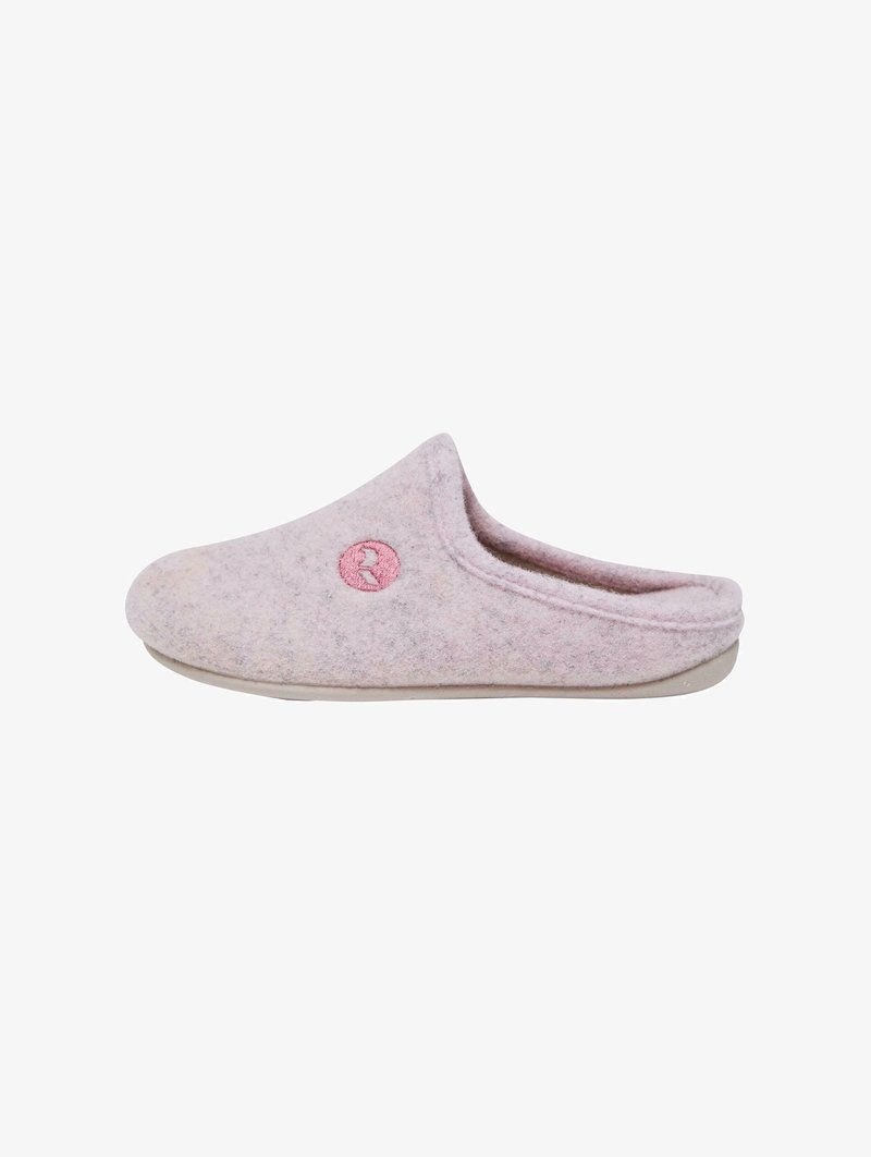 Pink felt slipper with a soft texture, rounded toe, and embroidered logo on the side. Features a flexible sole for comfort.