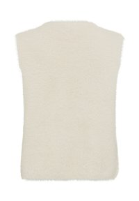 Ewige, flauschige ärmellose Weste in Cremefarbe mit weicher Textur, runder Ausschnitt und ohne sichtbare Verschlüsse oder Verzierungen auf der Rückseite.