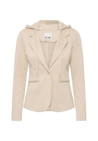 Bežový blazer s kapucňou, štruktúrovanými plecami, dvoma prednými vreckami, zapínaním na gombík a štruktúrovanou tkaninou. Štítok viditeľný vo vnútri goliera.