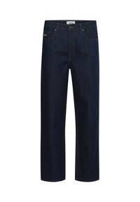 Temno modre kavbojke iz jeansa z ravnimi hlačnicami, z vpetimi petimi žepi, kontrastnim šivom in označeno etiketo na pasu.