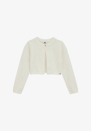 Witte cropped cardigan van een gestructureerde gebreide stof, met lange mouwen, een ronde hals en een enkele knoopsluiting aan de voorkant.