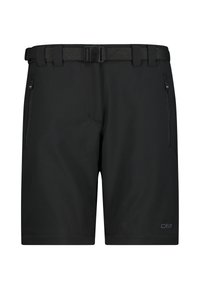 Svarta cargo-shorts i lätt, slät tyg. Har två sidfickor med dragkedja, ett bälte med plastspänne och förstärkt sömnad.