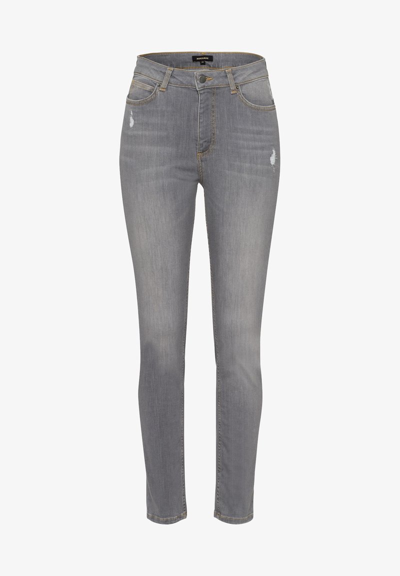 Jean gris taille haute slim-fit avec un léger effet usé près des poches, bouton avant, passants de ceinture et dégradé au niveau des cuisses.