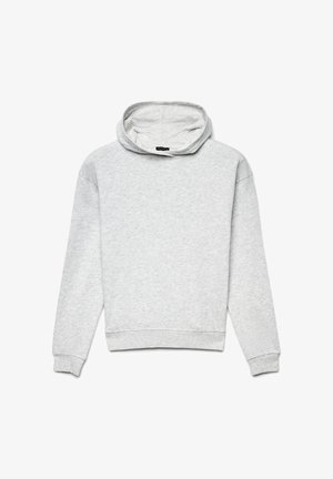 Sweat à capuche gris clair, fabriqué en mélange de coton doux, avec une grande capuche, des manches longues et un ourlet et des poignets côtelés. Aucun motif ni logo visible.