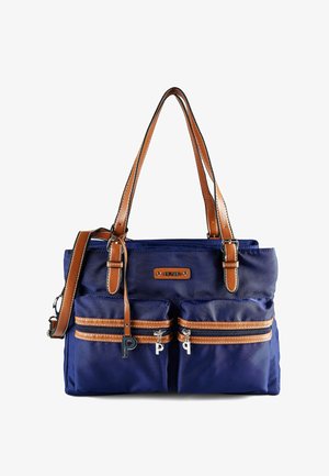 Borsa blu navy con due tasche frontali con cerniera, spallacci in pelle marrone e cerniere argentate a forma di lettera P.