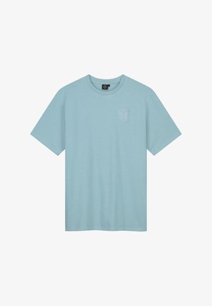 Lichtblauwe katoenen t-shirt met korte mouwen, ronde hals en een klein geborduurd logo op de borst. Effen textuur, relaxed fit.
