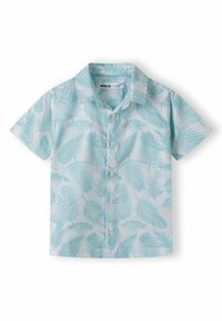 Lichtblauw overhemd met korte mouwen, voorzien van een palmenbladpatroon, een kraag en vijf knopen aan de voorkant, gemaakt van een gladde stof.