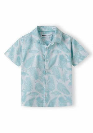 Hellblaues Kurzarmhemd mit einem Palmenblattmuster, Kragen und fünf Knöpfen an der Vorderseite, aus einem glatten Stoff gefertigt.