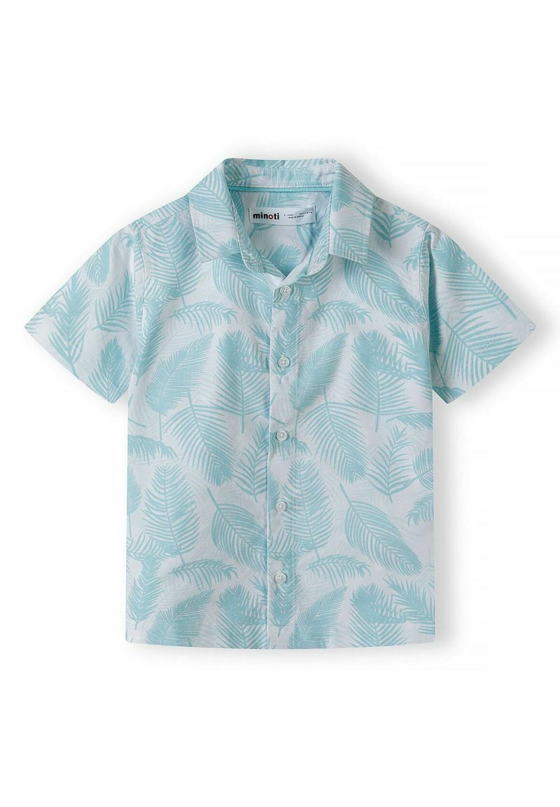 Lichtblauw overhemd met korte mouwen, voorzien van een palmenbladpatroon, een kraag en vijf knopen aan de voorkant, gemaakt van een gladde stof.
