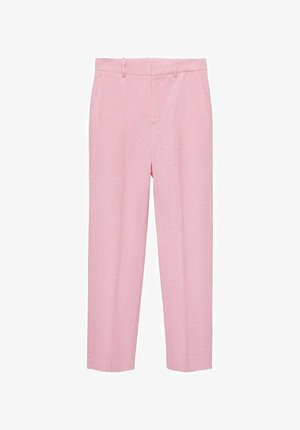 Light pink trousers made of a textured fabric, featuring a straight leg design, belt loops, and front slash pockets. No visible patterns.
