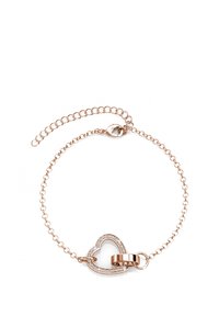 Bracciale in oro rosa con chiusura a forma di cuore decorata con strass trasparenti e una delicata catena con un piccolo anello di estensione.