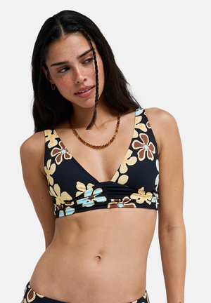 Zwarte bikinibovenstuk met bloemen in geel en blauw, een diepe V-hals, verstelbare bandjes en geplooide details in het midden.