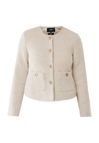 Beige tweed blazer met een ronde halslijn, lange mouwen, vier verguld knopen en twee voorkweke zakken. Gelaagd materiaal met een geweven patroon.