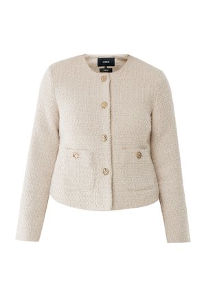 Beiger Tweed-Blazer mit Rundhalsausschnitt, langen Ärmeln, vier goldfarbenen Knöpfen und zwei Fronttaschen. Strukturierter Stoff mit gewebtem Muster.