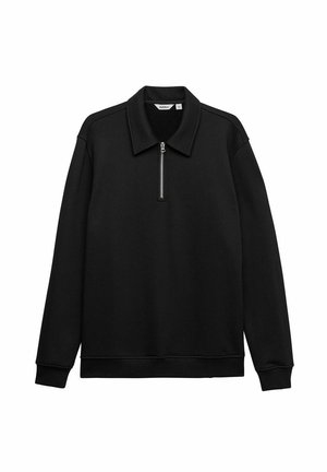 Black sweatshirt with a zippered collar, long sleeves, ribbed hem, and shoulder accents. Made from soft fabric with a smooth texture.