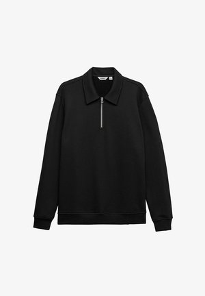 Black sweatshirt with a zippered collar, long sleeves, ribbed hem, and shoulder accents. Made from soft fabric with a smooth texture.