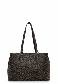 Sac fourre-tout à imprimé léopard en matériau synthétique, doté de deux poignées robustes, d'une forme structurée et d'accents en métal.