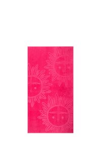 Bright pink towel featuring three embossed sun face designs with spiky rays, made from soft, textured fabric.
