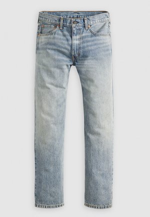 Light blue denim jeans with a straight leg design, featuring front pockets, a button fly, and faded texture.