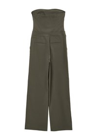Olivgrüner, trägerloser Jumpsuit mit taillierter Oberseite und weit geschnittenen Hosenbeinen. Verfügt über Gesäßtaschen und eine glatte, leichte Stoffbeschaffenheit.