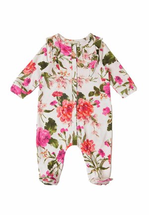 Blomsterheldragt i bomuldsstof med store rosa og grønne blomster, lange ærmer, knaplukning og rynkede detaljer langs halsudskæringen.