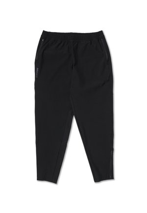 Čierne športové nohavice s elastickým pásom, bočnými vreckami na zips, bočnými zipsami pri členkoch a logom "BROOKS" na ľavom stehne.