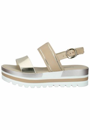 Beige en metallic gouden platform sandaal met twee bandjes, gesp sluiting en witte geribbelde zool.