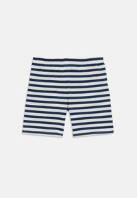 Pantaloni corti a righe blu navy e bianche realizzati in cotone morbido. Presentano un elastico in vita e un design lungo fino al ginocchio con orli rifiniti.