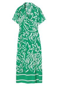 Grünes Wickelkleid mit kurzen Ärmeln, mit einem weißen Blumenmuster und einem taillierten Gürtel. Der Stoff ist glatt mit einer leichten Textur.