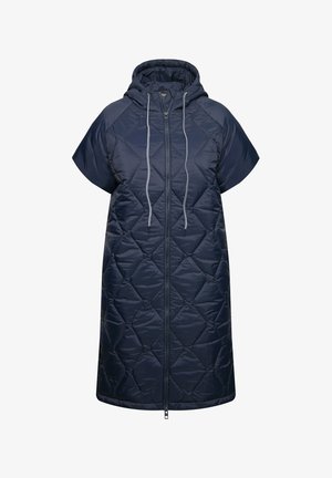 Marineblå quilted ærmeløs puffercoat med hætte, frontlynlås og snoretræk. Har et diamantmønster og buet kant.