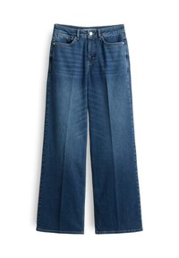 Jeans en denim bleu à taille haute et jambes larges, avec une fermeture à boutons, des poches avant et une texture lisse. Sans déchirures ni motifs visibles.