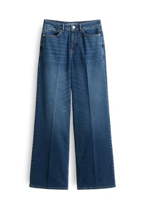 Wide-leg blue denim jeans with a high waist, featuring a button closure, front pockets, and a smooth texture. No visible distressing or patterns.