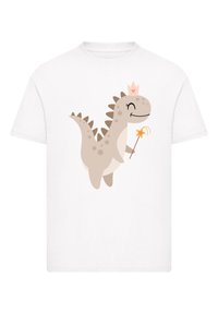 White t-shirt featuring a beige cartoon dinosaur with a crown, holding a star wand, against a plain background.