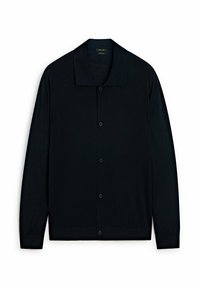 Black cardigan made from a smooth fabric, featuring a collared neckline, button closure, and long sleeves. Subtle textured finish.