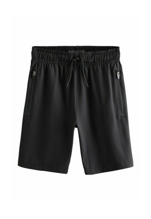 Black shorts made of soft fabric, featuring an elastic waistband with a drawstring and two zippered side pockets. Smooth texture, standard fit.