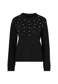 Schwarzer Pullover mit Rundhalsausschnitt, langen Ärmeln und verstreuten weißen Perlenakzenten auf der Vorderseite. Weicher Strickstoff mit lockerer Passform.